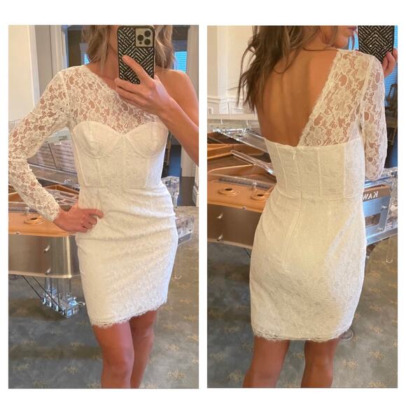 BCBGMAXAZRIA Arlena Mini Dress Size 8 One Shoulder White Lace Cocktail Bridal - Picture 7 of 13